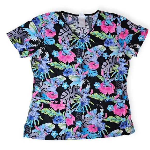 Disney Stitch Black Floral Scrub Top Medium - Picture 1 of 6